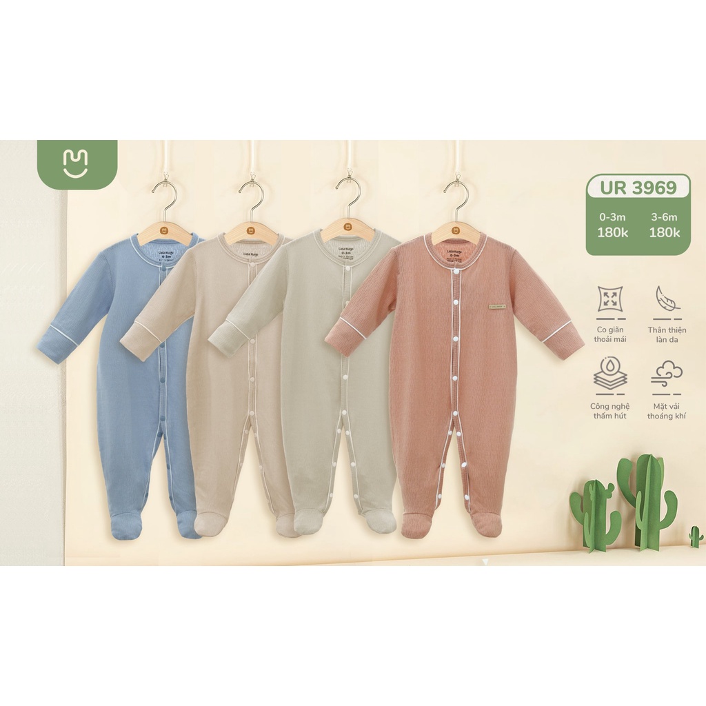 Bodysuit chùm chân cúc giữa Ualarogo 0-6 tháng vải cotton thấm hút dài tay