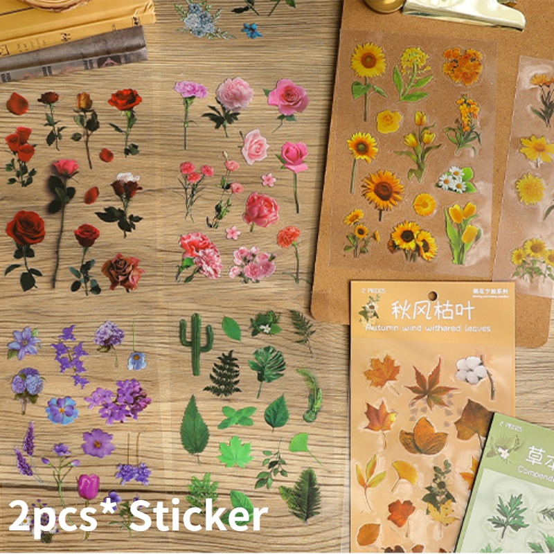 Bộ 2 Miếng Dán Hình Hoa Lá Trang Trí Sổ Tay / Nhật Ký DIY