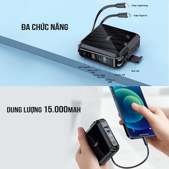 Aki shop Cốc sạc nhanh kiêm pin sạc dự phòng đa năng Remax RPP-276 15000mAh tích hợp cáp sạc type C và iphone decor