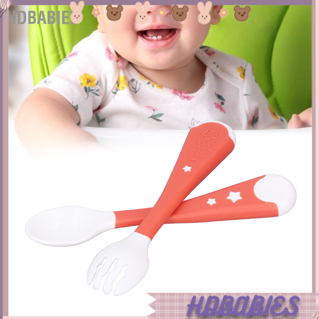 HDbabies 2 cái Đồ dùng Trẻ em Muỗng Nĩa Bộ có thể uốn cong mới biết đi Thìa đào tạo cho trẻ ăn với Hộp đựng để Đào Ăn dặm Màu hồng