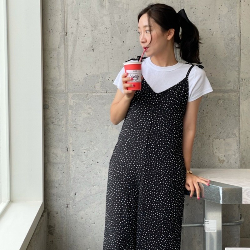 Bộ Áo Liền Quần Chiffon Tay Ngắn Ống Rộng Họa Tiết Chấm Bi Thời Trang Mùa Hè Hàn Quốc Cho Nữ | BigBuy360 - bigbuy360.vn