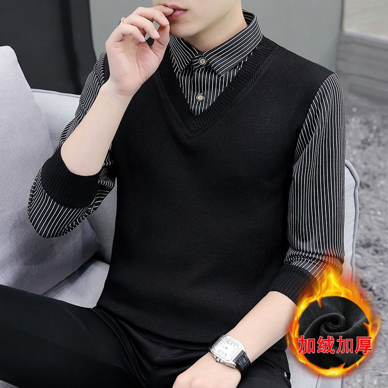# Áo Khoác Nam# Cổ Áo Sơ Mi Giả Hai Lớp Thời Trang Thu Đông Cho Nam# Áo Sweater Dệt Kim Phong Cách Thời Trang Hàn Quốc