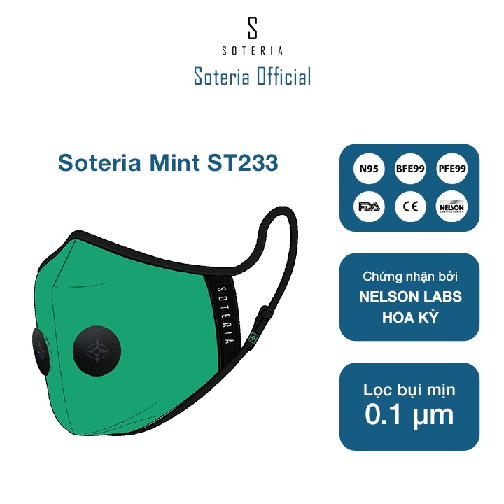 Khẩu trang tiêu chuẩn Quốc Tế SOTERIA Mint ST233 - Bộ lọc N95 BFE PFE 99 lọc đến 99% bụi mịn 0.1 micro- Size S,M,L