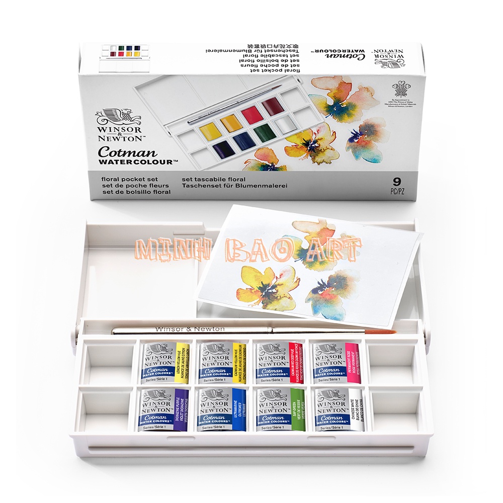 MÀU NƯỚC CAO CẤP AQUARELLE COTMAN WINSOR &amp; NEWTON (HỘP NHỰA GỒM 8 MÀU, 1 CỌ)