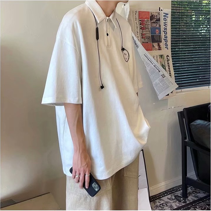 áo thun nam có cổ phong cách Hàn Quốc áo polo unisex đơn sắc áo polo tiếng Nhật đen áo thun thể thao bông Áo Mùa Hè Nam