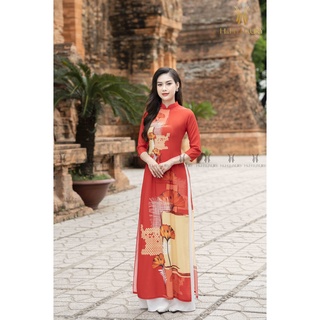 Áo dài lụa đỏ họa tiết dẻ quạt - Thời trang nữ H&H Luxury