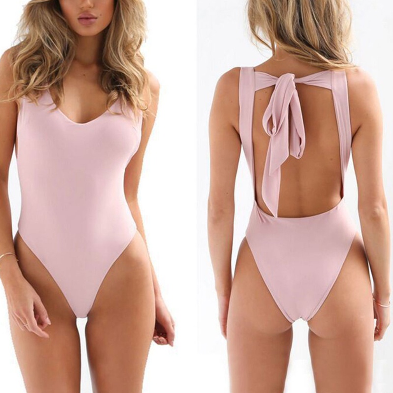 Đồ Bơi Một Mảnh Màu Trơn Cổ Chữ V Thắt Nơ Hở Lưng Màu Sắc Đơn Giản Cho Nữ