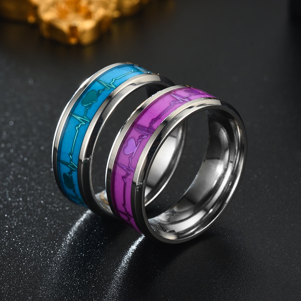 Nhẫn Thép Không Gỉ Phát Sáng 7 Màu Sắc In Hình Nhịp Tim Dành Cho Nam Và Nữ