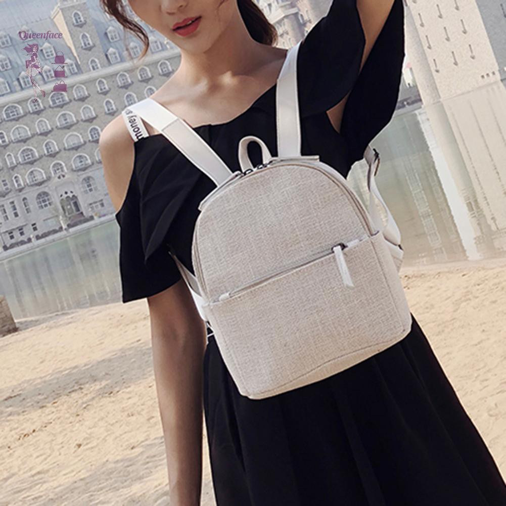 Queen_Retro Straw Linen Small Zipper Backpack for Women Shoulder Travel Schoolbag☆