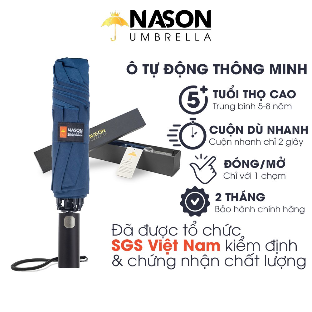 Ô tự động hai chiều cao cấp, ô đi mưa NASON UMBRELLA AutoSafe đóng mở tự động trong một nút bấm nan 8K