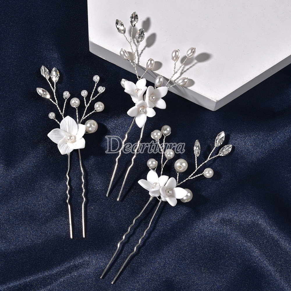 Set 3 Trâm Cài Tóc Chữ U Đính Hoa Trắng Thời Trang Cho Cô Dâu