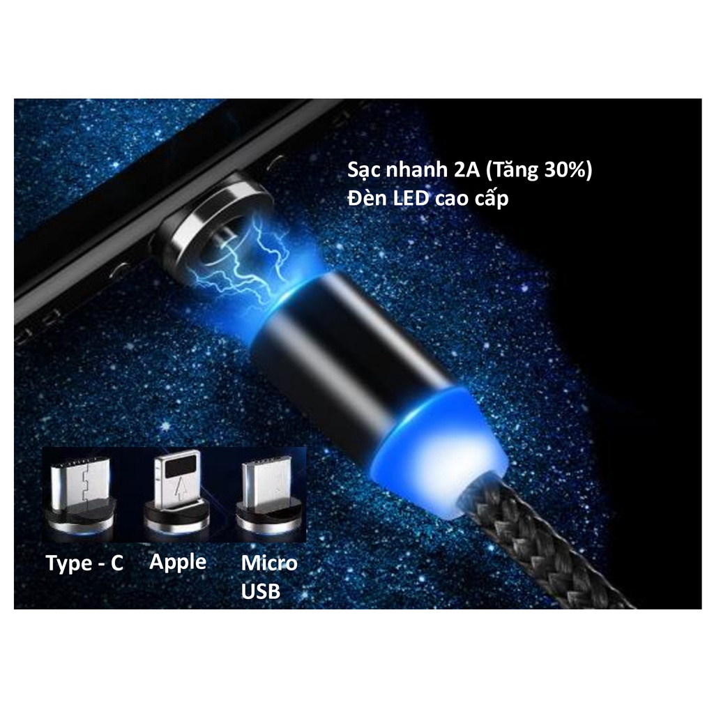 Cáp sạc từ tính nam châm 2A hỗ trợ sạc nhanh cho Apple Android, xoay 360 độ, dây dù, đèn LED cao cấp