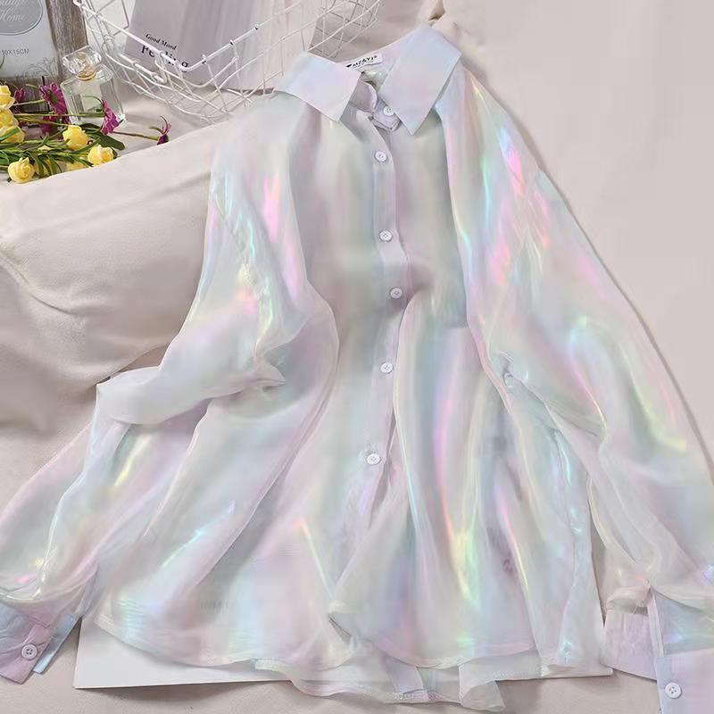 Sơ mi satin mỏng phi bóng phản quang cầu vồng dây buộc sau trắng tím xanh