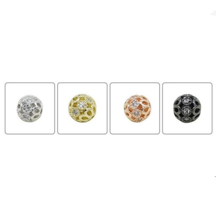 Hạt Tròn rỗng 8mm Đính Đá - Charm Phụ kiện trang sức xâu vòng tay nam nữ, chuỗi hạt bằng kim loại đồng zircon