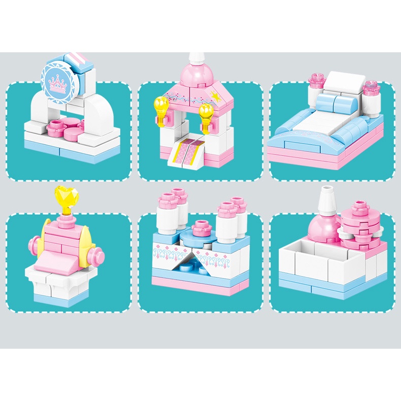 Đồ chơi lắp ghép xếp hình Lâu đài công chúa 6 in 1 với 150 mảnh ghép, mẫu lâu đài lớn và nhiều chi tiết cho bé