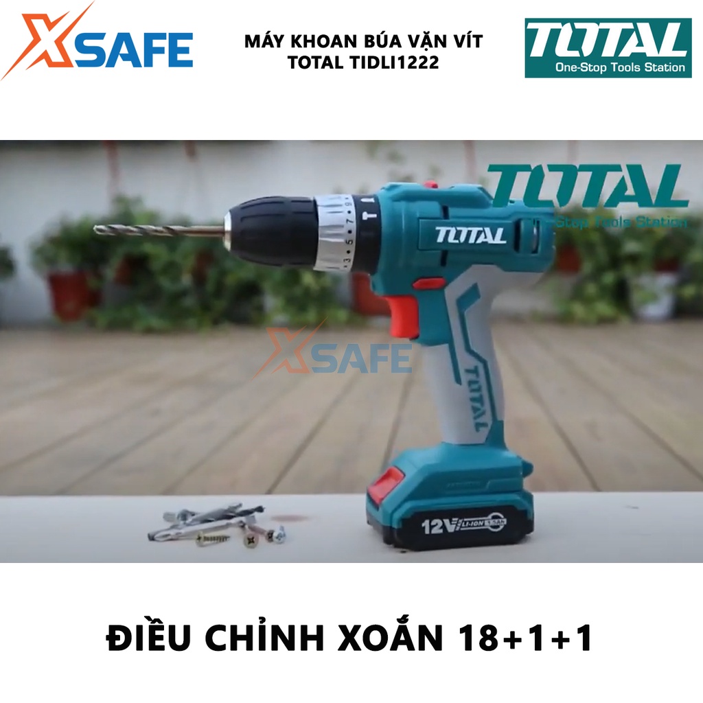 Máy khoan cầm tay Total TIDLI1222 máy khoan búa dùng pin đầu khoan khóa tự động, nhông cơ khí 2 tốc độ, kèm 2 pin 1 sạc