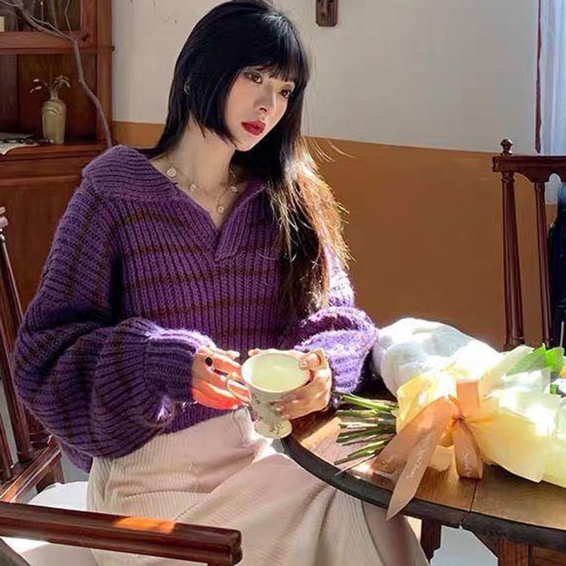 Áo sweater dệt kim IELGY họa tiết kẻ sọc thời trang cho nữ