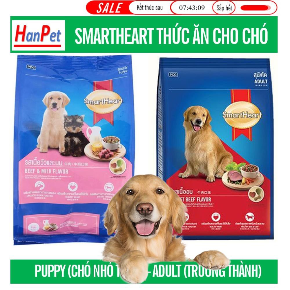 Hanpet.GV- Smartheart Gói 1,5kg (2 loại Adult và puppy) Thức ăn chó dạng hạt cao cấp cho chó tốt lông- (- 215d)