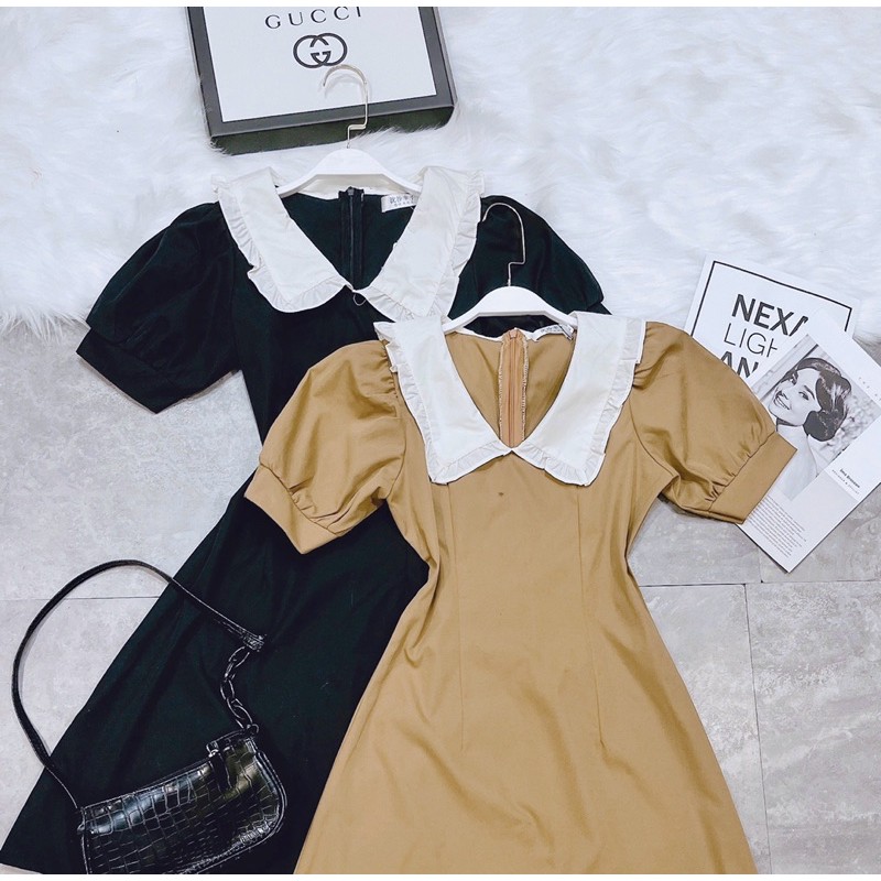 [Mã WASTMAY giảm 15% tối đa 30K đơn 150K] BÁN SỈ VÁY PHỐI CỔ BÈO TAY BỒNG ĐEN VÀNG CHO NỮ | BigBuy360 - bigbuy360.vn