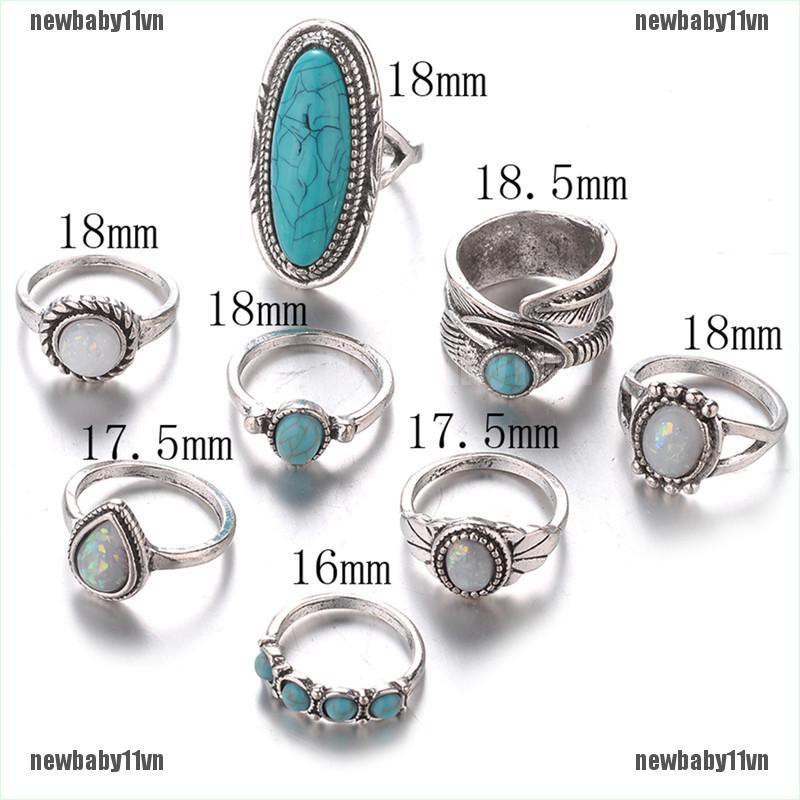 Set 8 Nhẫn Bạc Đính Đá Opal Ngọc Lam Phong Cách Bohemian