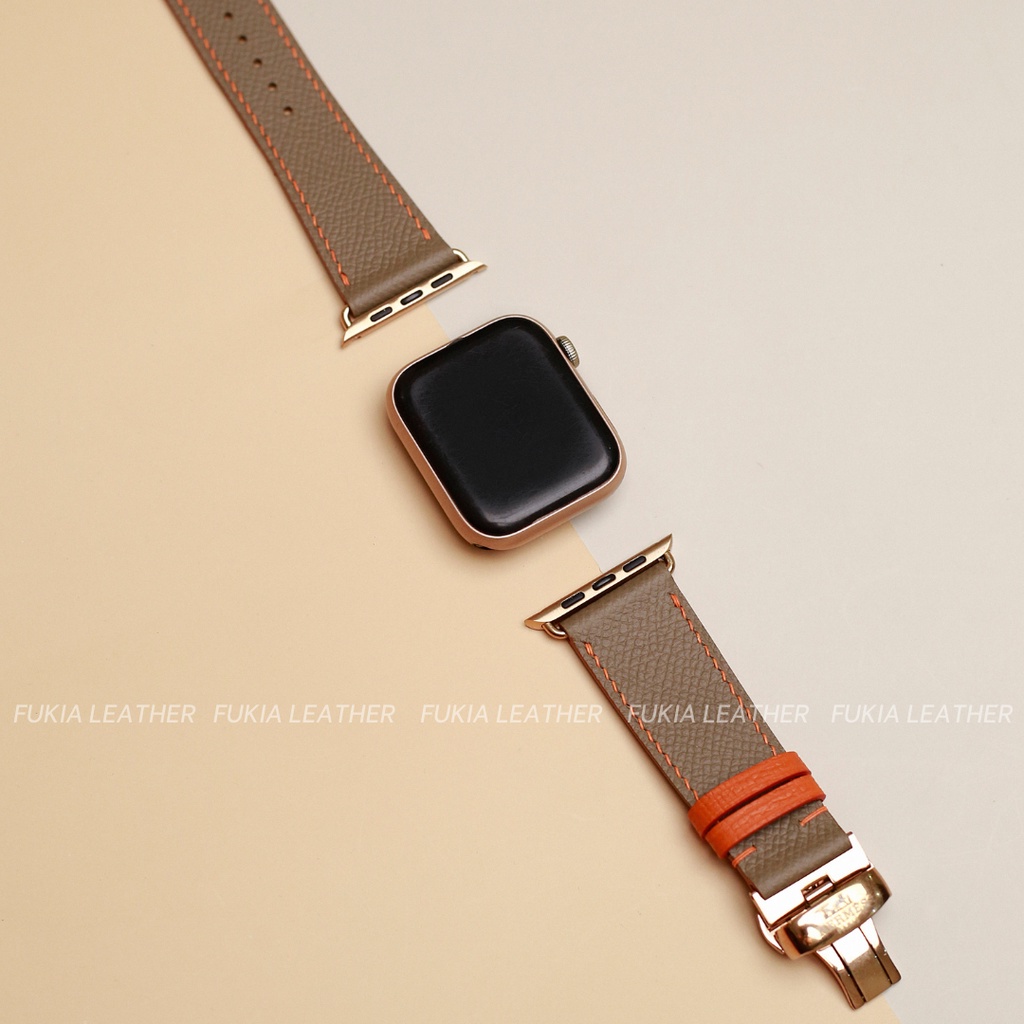 Dây da thủ công Epsom nâu tây mix cam dành cho Apple Watch, đồng hồ thông minh, đồng hồ cơ