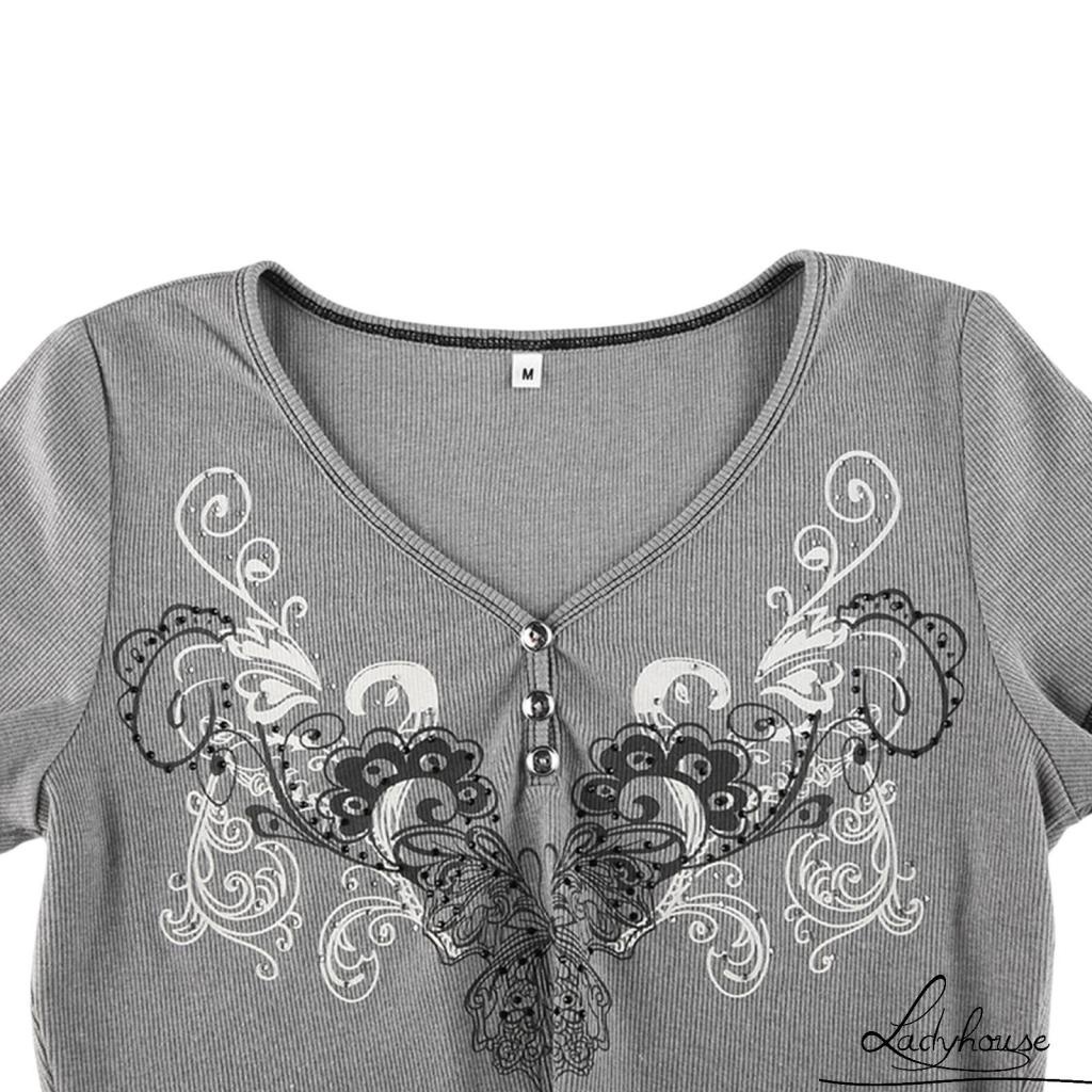 Áo thun tay ngắn cổ chữ V in họa tiết bướm phong cách cổ điển thời trang mùa hè cho nữ