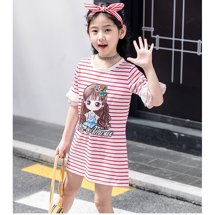 Váy bé gái kẻ ngang đính hình cô gái xinh xắn size 15-32kg VH25