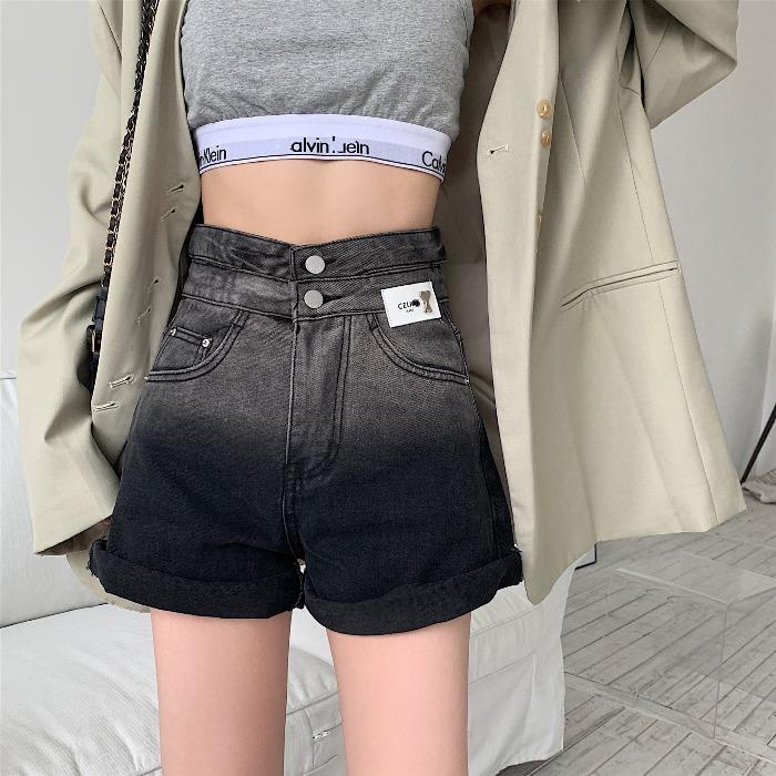 Jiashucheng Quần Short Jean Lưng Cao Dáng Rộng Màu Đen Gradient Phong Cách Hàn Quốc Cá Tính Cho Nữ