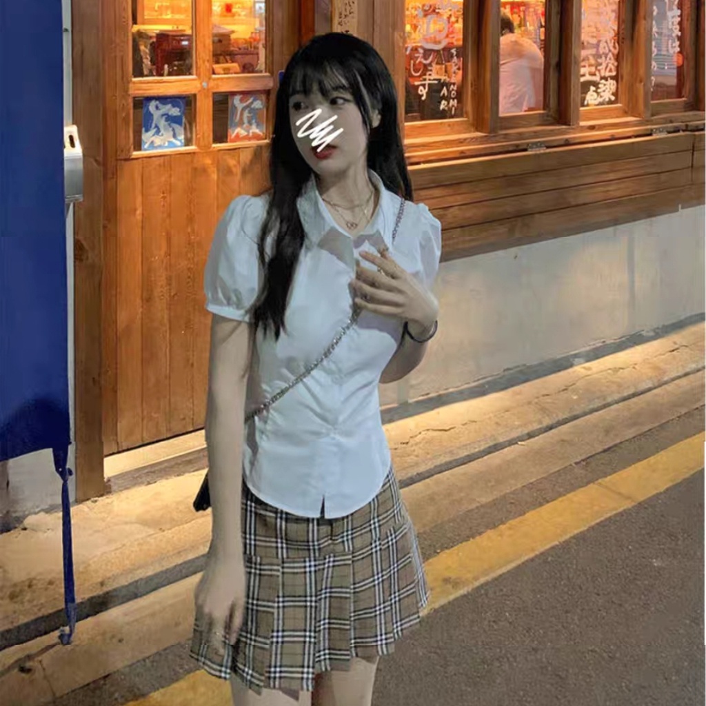 SUXI Áo Tay Ngắn Phồng Ngắn Màu Trơn Ôm Eo Thời Trang Xuân Hè Cho Nữ