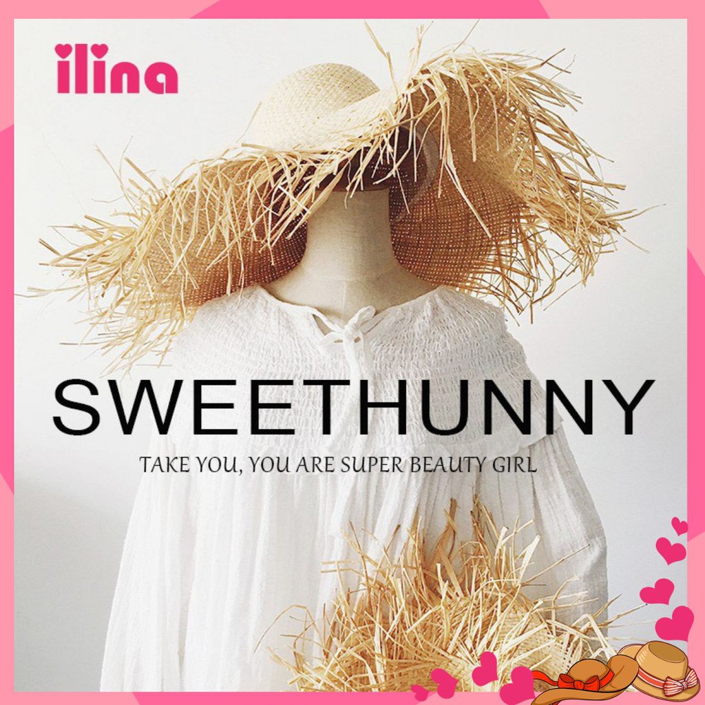 #ilina. Mũ cói đi biển Raffia, tua rơm, vành rộng. M 56 - 58cm. PM334