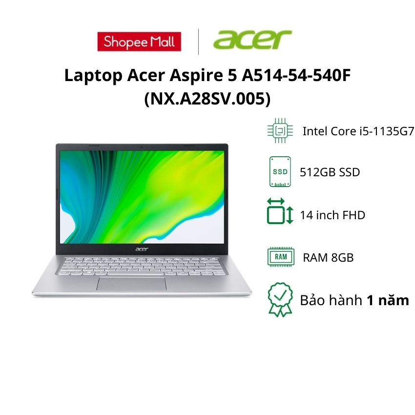 Laptop Acer Aspire 5 A514-54-540F (NX.A28SV.005)/ Pure Silver/ Intel Core i5-1135G7/ RAM 8GB/ 512GB SSD/14inch FHD/Win 1