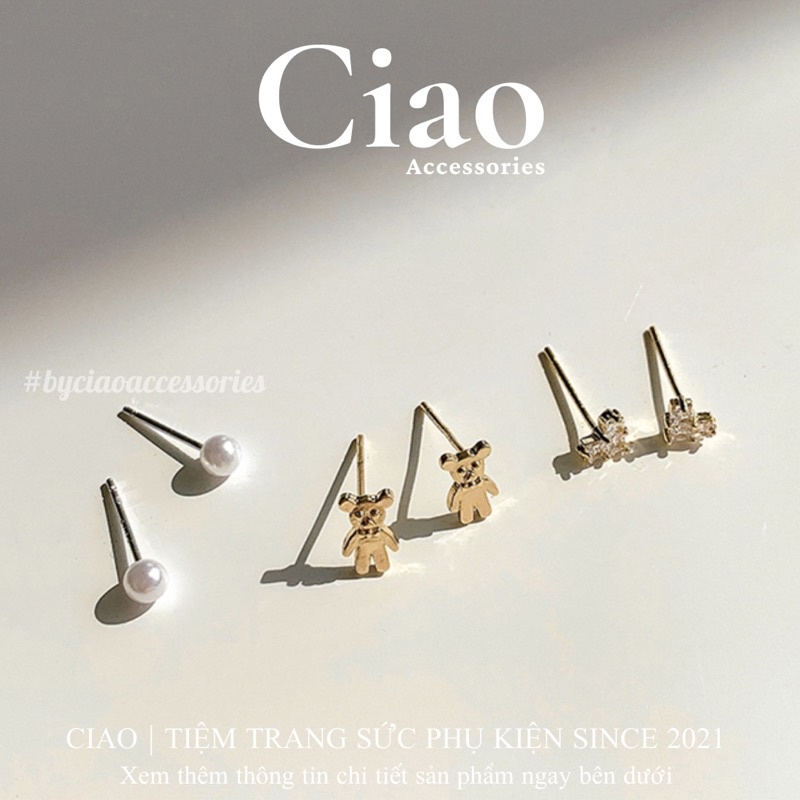 [HOẢ TỐC 1H] Set 3 khuyên tai/ bông tai mạ bạc S925 thiết kế xinh xắn đính đá charm gấu Mimim Ciao
