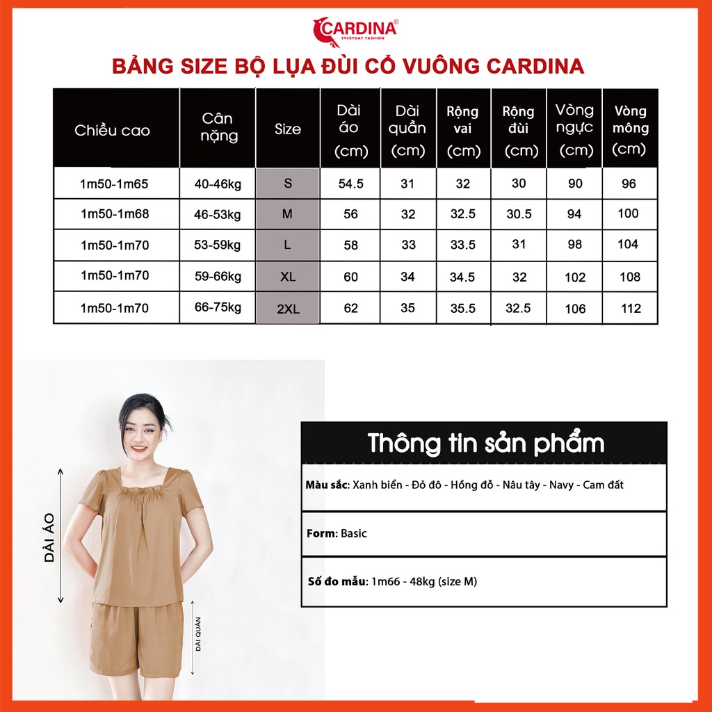 Đồ bộ nữ CARDINA chất lụa Satin Nhật cao cấp áo cộc tay cổ vuông bèo quần đùi màu sắc độc đáo 2SF08