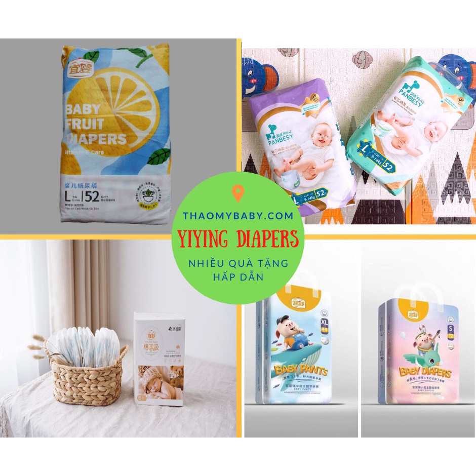 Bỉm Yiying Bông/Heo/Panbesy/Hoa Quả Xuất Âu Dán/Quần Đủ Size NB/S72/M60/L52/XL44/XX40/XXXL36