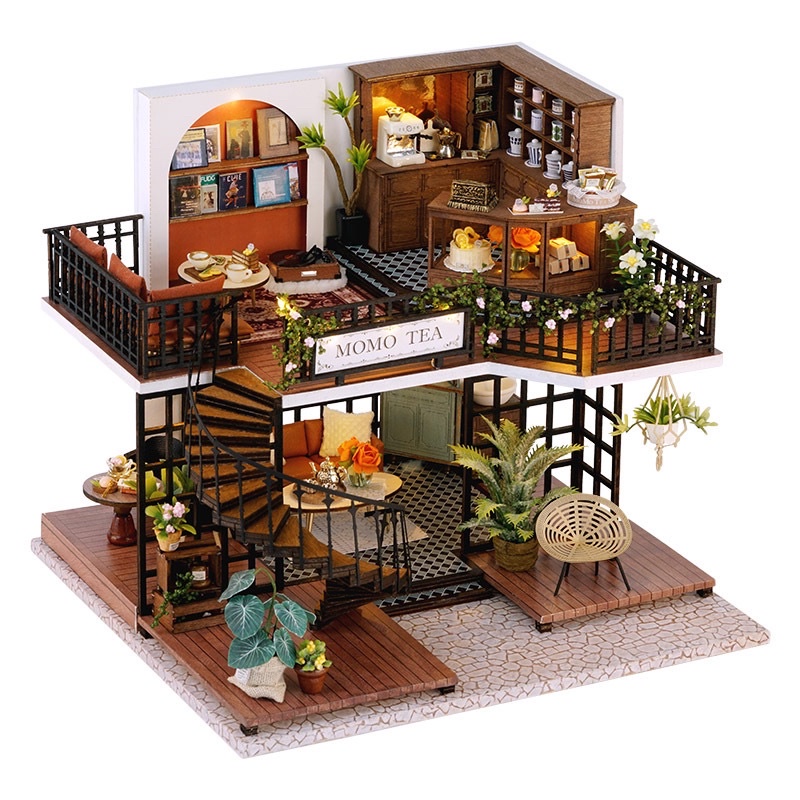 (Tặng mica,keo sữa,đèn)Mô hình đô chơi gỗ bé lắp ghép DIY doll house Nhà búp bê Momo Tea LV001