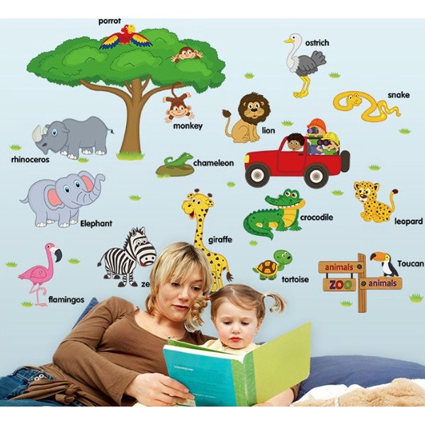 Decal chi tiết dán tường hình Thú cho bé học tiếng Anh
