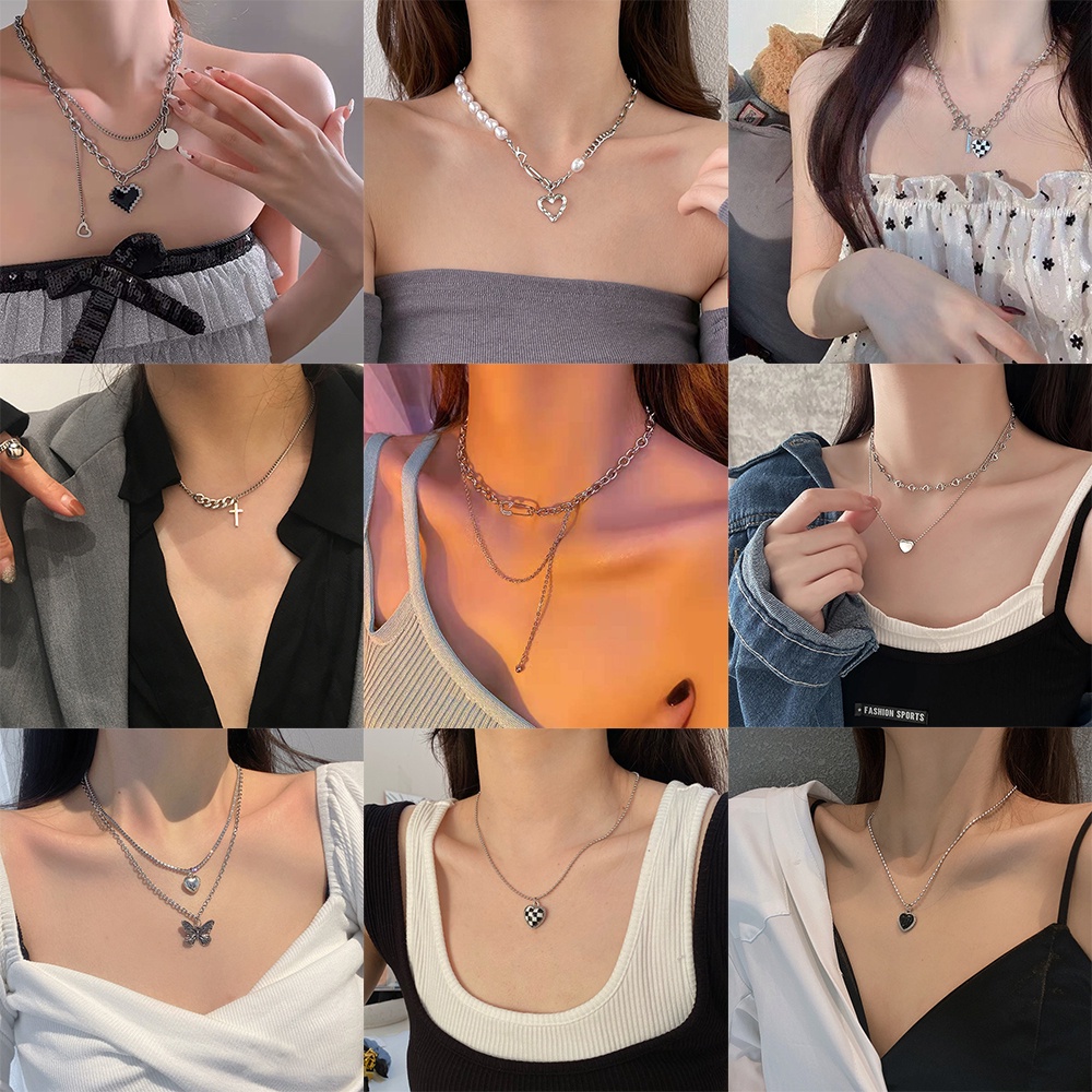 Vòng cổ nhiều lớp mặt hình trái tim/ bướm đính ngọc trai/ trái tim màu vàng/ bạc cổ điển cho nữ