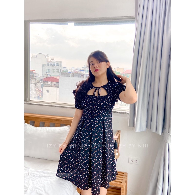 ĐẦM VÁY BIGSIZE NHÚN NGỰC BUỘC NƠ HOA NHÍ ĐEN - LILY DRESS BIG SIZE - IZYBYNHI