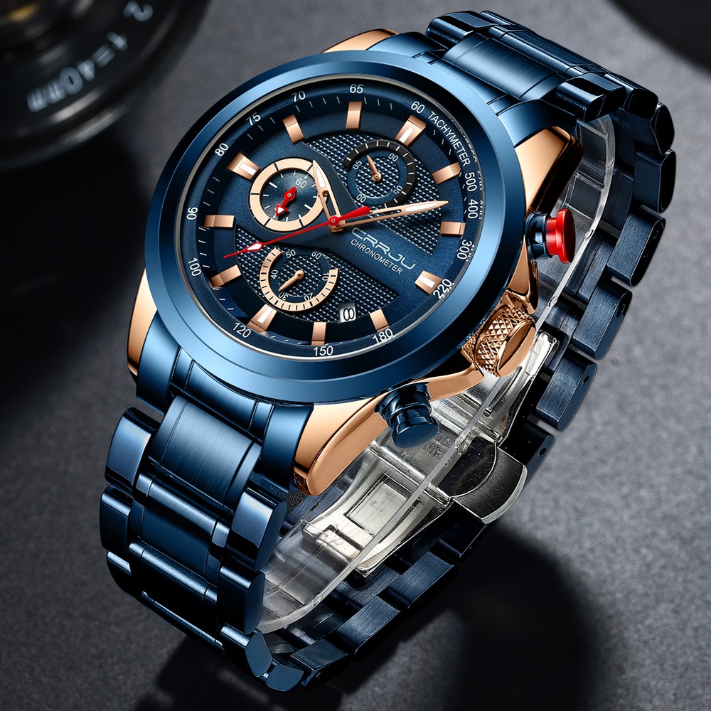 CRRJU Men's Watch Multifunctional Waterproof Stainless Steel Quartz Fashion Business 2282