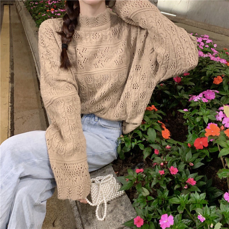 Áo dệt kim cổ cao tay dài dáng rộng thiết kế mới cho nữ