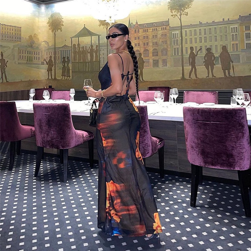 Đầm Hai Dây Hở Lưng In Họa Tiết Nghệ Thuật Thời Trang Cho Nữ