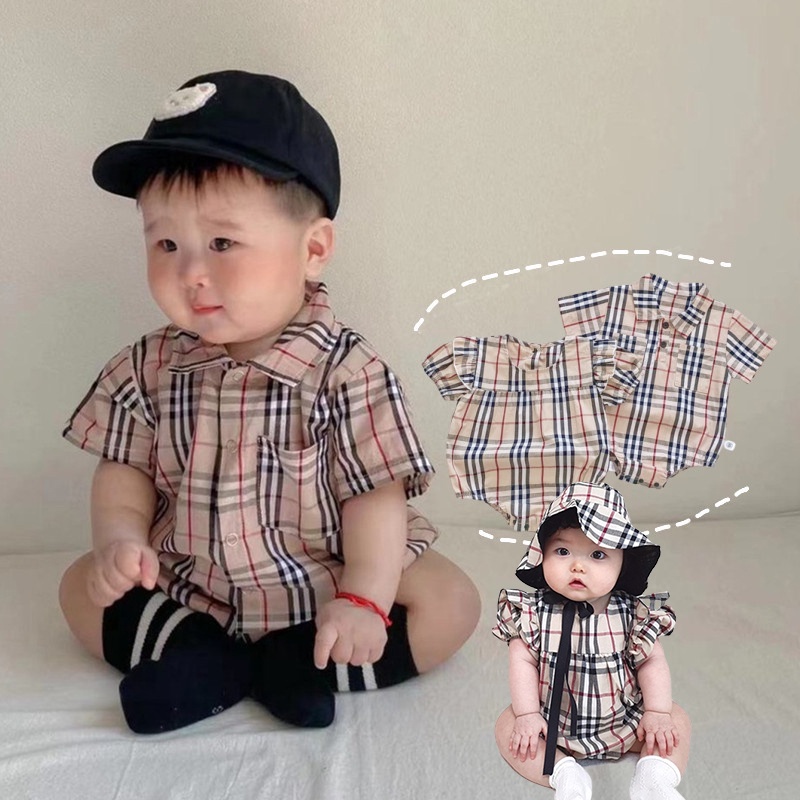 Bộ Áo Liền Quần Tay Ngắn Họa Tiết Kẻ Sọc Cổ Điển Thời Trang Cho Bé Trai Và Gái