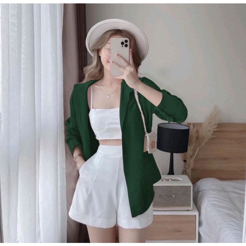Set Đồ Nữ Đi Chơi 3 Món Áo Sơ Mi Nữ Form Rộng Kèm Quần Đùi Và Áo 2 Dây Đi Biển Dạo Phố Sang Chảnh