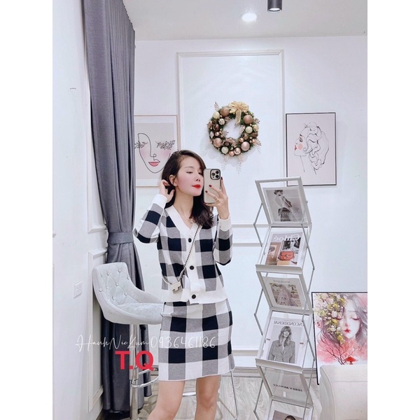 Set áo len cadigan kèm chân váy len QC cao cấp