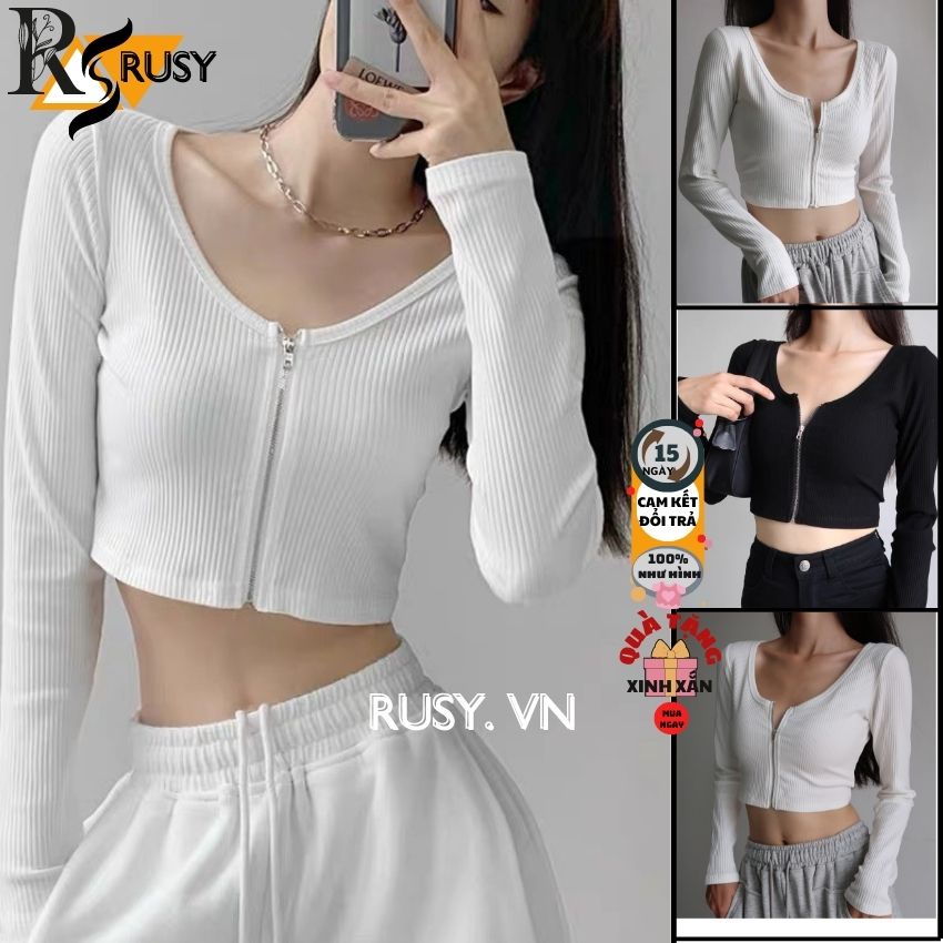 Áo Croptop Tay Dài Nữ Dây Kéo Khoá Ngực Thun Gân Tốt Ulzzang, Áo thun nữ dài tay chất vải tốt mặc đẹp basic dày dặn