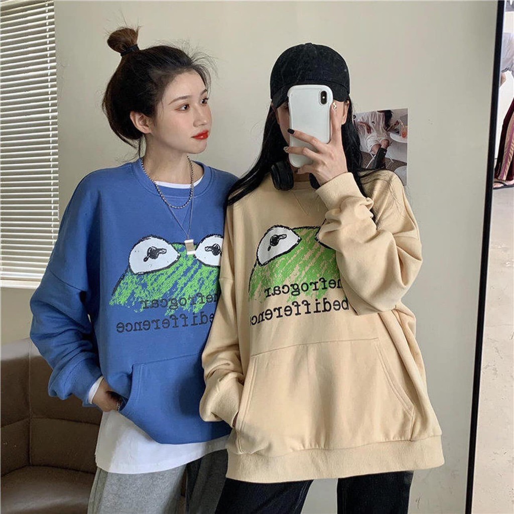 Áo thun sweater dài tay in hình chú ếch xanh - Hoodie nỉ ngoại cute đáng yêu thiết kế tay phồng nữ HOT