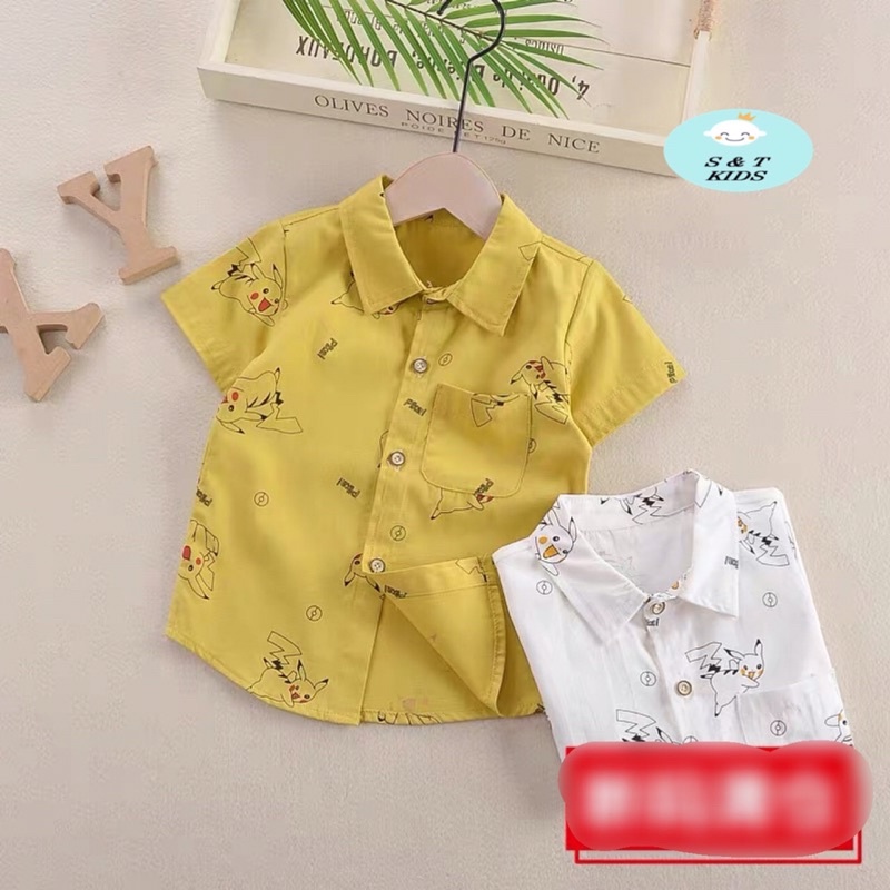 Áo sơmi cộc tay bé trai chất thô lụa hai màu trắng vàng