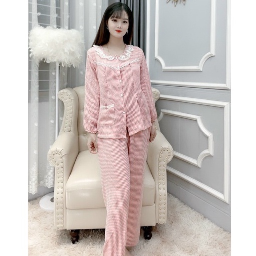 Bộ đồ bầu dài tay và cho con bú M417 chất đũi kẻ cao cấp freesize từ 45 đến 70kg