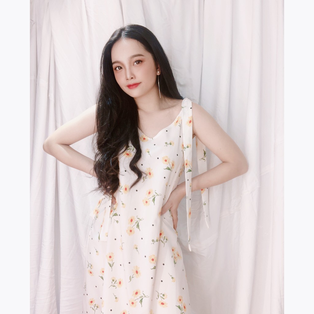 Đầm dây thắt nơ vai dáng suông dài vải lụa mát