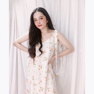 Đầm dây thắt nơ vai dáng suông dài vải lụa mát